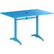 A blue rectangular Lancaster Table & Seating dining table with a metal base.