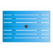 A rectangular blue powder-coated aluminum outdoor dining table with slatted design and an umbrella hole in the center.
