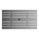 A rectangular gray powder-coated aluminum outdoor dining table with slatted design and an umbrella hole in the center.