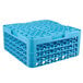 A blue plastic glass rack with extenders and holes.