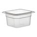 A Cambro translucent polypropylene food pan with a clear lid.