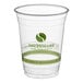 A clear compostable plastic cold cup with green printing and a Greenware logo.