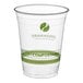 A clear compostable plastic cold cup with green labeling, designed for 16 to 18 ounces.