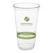 A clear 32 oz. compostable plastic cold cup with green printed labeling.