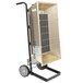 A TPI portable infrared flat panel heater on a cart with a metal cage.