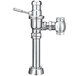 A chrome metal Sloan water closet flushometer with a lever.