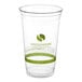 A clear 24 oz. compostable plastic cold cup with green printed branding from Greenware.