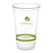 A clear 24 oz. compostable plastic cold cup with green printed labeling.