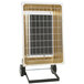 A TPI portable infrared flat panel heater on wheels with a metal grid.