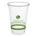A clear 20 oz. compostable plastic cold cup with green printed labeling from Greenware.