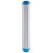 A white and blue water filter cartridge with a white scale.