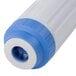 A close up of a blue and white water filter cartridge.