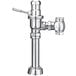 A chrome Sloan water closet flushometer with a handle.