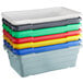 A stack of red Choice plastic meat lug boxes.