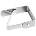 A stainless steel triangle-shaped tablecloth clip with a screw.