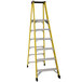A Bauer Corporation yellow fiberglass platform ladder with steel platform.