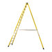 A yellow Bauer Corporation fiberglass step ladder with a long metal frame.