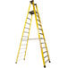 A yellow Bauer Corporation fiberglass platform ladder with steel platform.