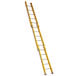 A yellow Bauer fiberglass ladder with silver metal rods.