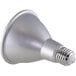 A Satco long neck LED reflector light bulb with a silver base and white body on a white background.