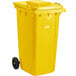 A yellow Lavex rectangular trash can with wheels.