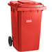 A red Lavex wheeled rectangular trash can.