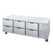 A white undercounter refrigerator with 6 drawers.