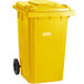 A yellow Lavex rectangular trash can with wheels and a lid.