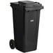 A black Lavex rectangular trash can with wheels and a black lid.