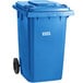 A blue Lavex rectangular trash can with wheels.