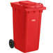 A red rectangular Lavex wheeled trash can.