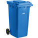 A blue Lavex rectangular trash can with wheels.