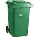 A green Lavex rectangular trash can with wheels.