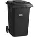 A black Lavex rectangular trash can with wheels and a lid.