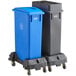 A Lavex 2-stream rectangular recycle station with blue and black lids on wheels.