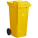 A yellow Lavex wheeled rectangular trash can with a lid.