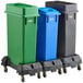 A Lavex rectangular recycle station on wheels with black, green, and blue lids.