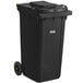 A black Lavex rectangular trash can with wheels and a black lid.