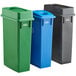 A Lavex 3-stream recycle station with black, green, and blue lids on containers.