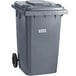 A Lavex gray rectangular trash can with wheels.