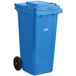 A blue rectangular Lavex trash can with wheels.