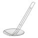 A metal strainer with a long handle and a fine mesh net.