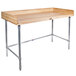 A John Boos wood top work table with a stainless steel base.