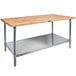 A John Boos wood top work table with a galvanized metal base and adjustable undershelf.