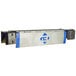 A metal box with blue and white stripes on the sides and a blue logo.