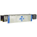 A metal box with blue and white stripes containing a metal and plastic Bluff Manufacturing edge of dock leveler.
