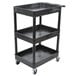 A black plastic Luxor utility cart with three shelves and wheels.