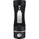 A black rectangular Elkay water fountain with a silver spout and white label.