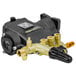 A black and gold Simpson AAA triplex horizontal pump with brass fittings and a black handle.