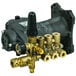 A gold and black Simpson triplex horizontal pump kit with brass valves.